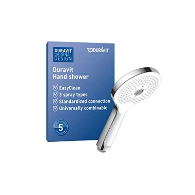 Image de Duravit Universal pommeau de douche, pomme douche avec 3 types jets (Rain, Pulse, Mono), Tête ronde (Ø 120 mm), facile à nettoyer, chromé/blanc