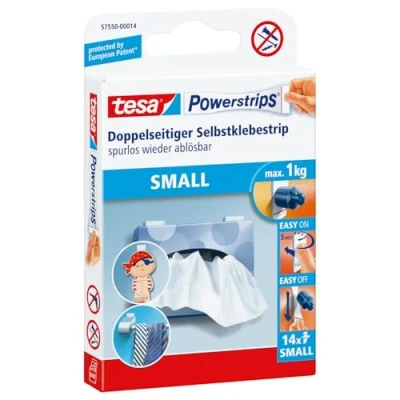 Image de Languette adhésive autocollante double face tesa Powerstrips SMALL pour la fixation d&#039;objets, Blanc, Jusqu&#039;à 1 kg, 12 bandes