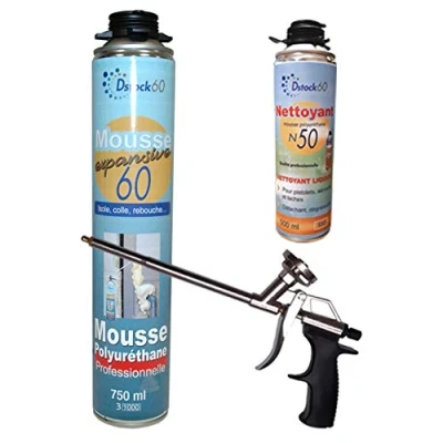 Image de DSTOCK60 1 MOUSSE PISTOLABLE + PISTOLET NETTOYANT EXPANSIVE 750 ML POLYURÉTHANE PROFESSIONNELLE ISOLE, COLLE ET REBOUCHE EXTÉRIEUR INTÉRIEUR