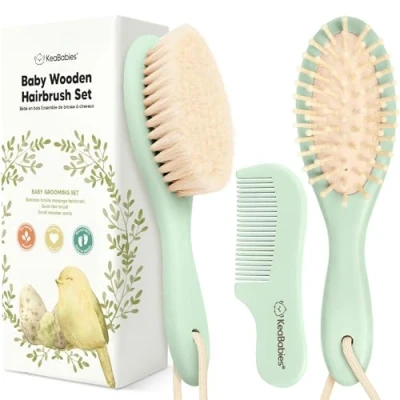 Image de Ensemble de brosse et peigne pour bébé en bois avec poils chèvre doux, nouveau nés, bébé(Sage)