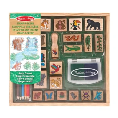 Image de Melissa &amp; Doug Jeu de timbres en bois Forêt tropicale, Cadeau pour filles et garçons, 20 timbres, tampon d’encre, 5 crayons, Jouet créatif, Loisirs créatifs garçons 3 4 6 7 ans
