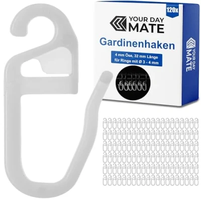 Image de 120 x Crochets à Rideaux avec œillets de 4 mm, Utilisables pour Anneaux Jusqu&#039;à Ø Rails et Tringles Rideaux, Accessoires Clapser Hooks, Blanc