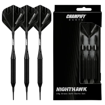 Image de Champify® Nighthawk Lot de 3 Fléchettes souples en laiton 18 g avec pointe plastique 6 tiges &amp; ailettes 30 pointes autres accessoires