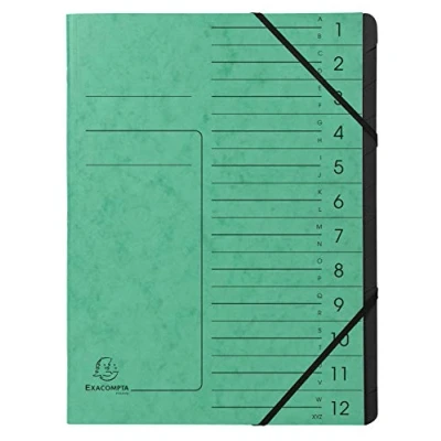 Image de Exacompta Réf. 541203E 1 trieur dos agrafé avec élastiques couverture imprimée en carte lustrée et intérieur recyclée noire 12 compartiments dim 24,5 x 32 cm A4 couleur vert