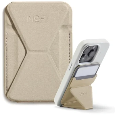 Image de MOFT Porte Carte Adhésifs pour iPhone 16/15/14/13, Compatible avec MagSafe, Support Telephone en Cuir MOVAS, 3 Angles, 2 Cartes, Poignée Smartphone, Léger, Pliable et Portable (Éarthène Beige)