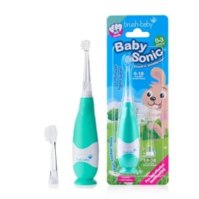 Image de Brush Baby BabySonic Brosse à dents électrique pour tout petits, alimentée par piles, poils extra doux un nettoyage en douceur, les 0 3 ans