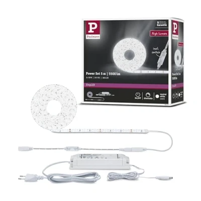 Image de Paulmann 78960 Kit Strips LED SimpLED Power 5 m avec variateur à fil 1100lm/m incl. 1x50 watts IP44 gradable bande Blanc barre lum. plast. 4000 K, Matière, 50 W, 5m