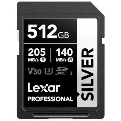 Image de Lexar Silver Carte SD 512Go, UHS I SDXC Jusqu&#039;à 205 Mo/s en Lecture, 140 écriture, V30, 4K UHD Video, U3, Classe 10, Mémoire avec Lifetime Data Recovery