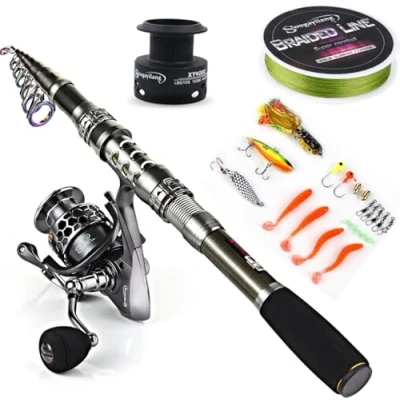 Image de Sougayilang Moulinet de Canne à pêche télescopique avec en Fibre Carbone et Accessoires pour Voyage, océan, Eau Douce ou salée
