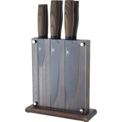 Image de Rockingham Forge Forester Series 7 pièces bloc couteaux lames en acier inoxydable avec un revêtement d’oxyde noir, poignées ergonomiques bois, rempli