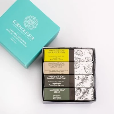 Image de ÉCRIN DE FLEUR Savon Hommes Bio Certifié 4 pack (Cèdre 1x90g, Citron Vert &amp; Poivre Noir Charbon cèdre Pamplemousse Blanc Graines Chanvre 1x90g)