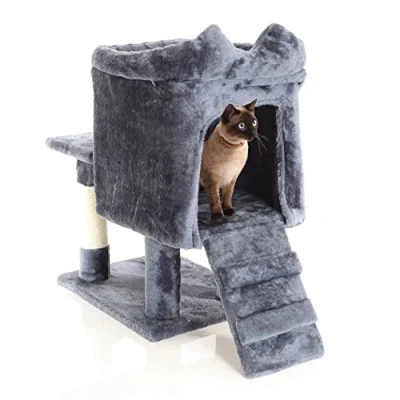 Image de Fudajo Arbre à Chat Gris Sombre de grattage 60cm Haut Escalade avec Cabane Sisal Tronc Chats