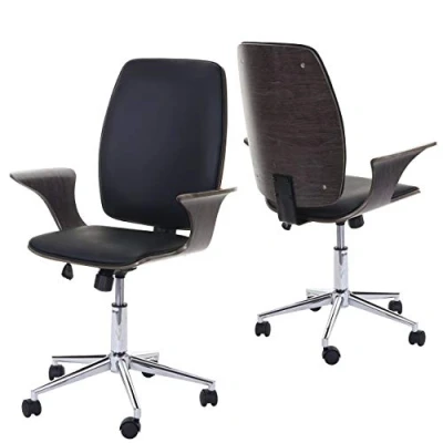 Image de Chaise de bureau HWC C54 bois courbé pivotante Similicuir Design noyer Tissu noir