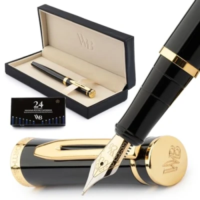 Image de Wordsworth &amp; Black Ensemble de stylo plume, Moyen Nib, comprend 24 cartouches d&#039;encre et un convertisseur recharge d&#039;encre, coffret cadeau, calligraphie, stylos à écriture lisse [Or noir]