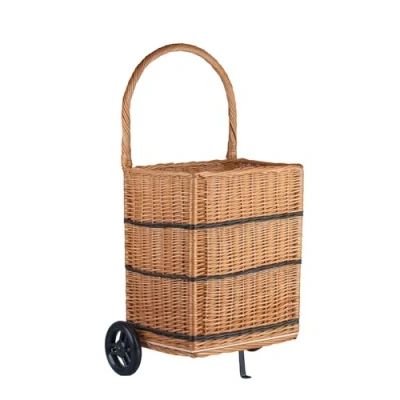 Image de e wicker24 Panier à bûches en osier buff et teinté, chariot de marché osier, support caddie roulettes, provisions (Rectangulaire)
