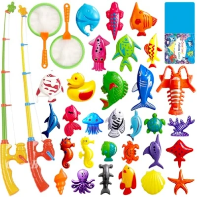 Image de Kids Magnetic Fishing Board Game Toys Set by ECLifeHack Bathtime Or Pool Party with Pole Rod Net Plastic Floating Fish Toddler Education Teaching and Learning of Colors Ocean Sea Animals