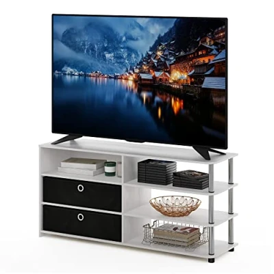 Image de Furinno Jaya Meuble TV Conception Simple avec Poubelles Jusqu&#039;à 55 pouces, Chêne Blanc/Acier Inoxydable/Noir