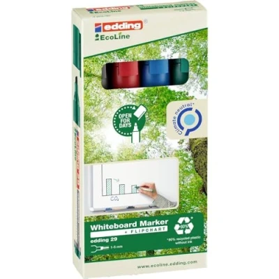 Image de edding 29 EcoLine Marqueur pour tableaux blancs multi couleur étui de 4 stylos pointe biseautée 1 5mm feutre effaçable blanc, mémo et chevalet conférence rechargeable