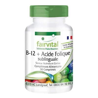 Image de Fairvital B 12 comprimés avec acide folique sublingual 500μg de vitamine B12, 100μg d&#039;acide et C 90 absorption rapide par la muqueuse buccale