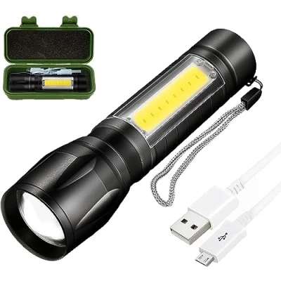 Image de lampe torche LED rechargeable, super lumineuse mise au point réglable, 3 modes d&#039;éclairage, longue durée de vie, poche étanche pour coupures courant, urgence, camping, randonnée, extérieur