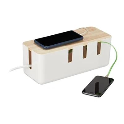 Image de Relaxdays Boîte Cache câbles, pour 2 multiprises, Couvercle en Bois, Plastique, HLP : 11,5 x 30,5 12,5 cm, Blanc