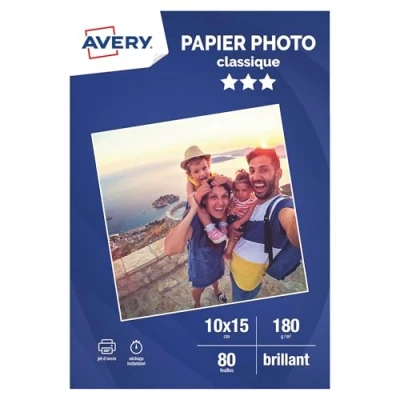 Image de AVERY 80 Feuilles de Papier Photo Brillant 180 g/m² Format 10 x 15 cm Impression Jet d’Encre