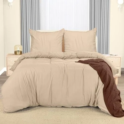 Image de Utopia Bedding Housse de Couette 200x200 cm avec 2 Taies d&#039;oreiller Brodée 80x80 (Beige) Parure Lit Ensembles Housses en Microfibre brossée