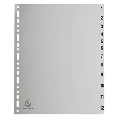 Image de Exacompta Réf. 2912E Intercalaires gris en polypropylène recyclé avec 12 onglets imprimés numériques de 1 à Format classer A4 maxi Dimensions 24,5 x 29,7 cm certifiés Ange Bleu