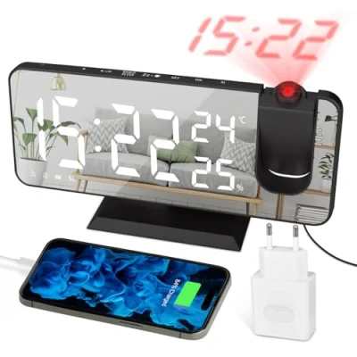 Image de EVILTO Réveil à Projection Plafond Radio FM Electronique Enfant Écran Miroir Double Alarmes Affichage Température Et Humidité 4 Niveaux De Luminosité avec Prise Secteur Noir