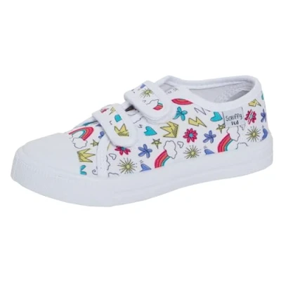 Image de Chaussures en toile pour enfants garçons filles escarpins unisexes faciles à fixer Plimsolls décontractées, Doodles Blanc, 24 EU