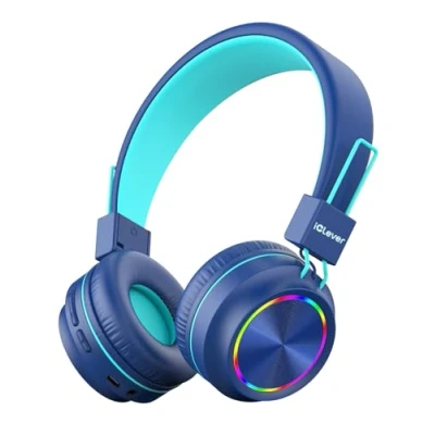 Image de iClever Casque Audio Enfant Bluetooth, Ecouteurs pour avec Lumières Colorées Micro, Contrôle du Volume, Pliables, Enfants sur Oreille Tablet, Kindle, Ecole