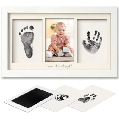 Image de Ensemble d&#039;empreintes de mains et pieds bébé Tampon encreur Clean Touch pour nouveau nés, cadre photo avec empreinte main Fabre (Alpine White)