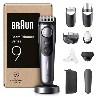 Image de Braun Tondeuse À Barbe Series 9, + 11 Outils De Barbier, Mode PowerBoost, Lame ProBlade, 180 Min D&#039;autonomie, Dégradé, 52 Longueurs, Molette Précision Et Verrouillage, Étanche, BT9545, Chrome