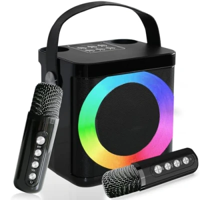 Image de Karaoke Adulte, Enceinte Enfant, Karaoké Complet avec 2 micros, Machine Rechargeable, Boîte à Musique Effet Lumineux, Support TF USB pour Soirée Domicile