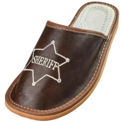 Image de APREGGIO Pantoufles Homme en Cuir Fait Main Chaussons avec Semelle Basse d&#039;Été à Bout fermé Brun Pointure 43 EU