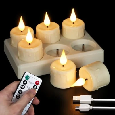 Image de FREEPOWER 6 Bougies chauffe plat LED rechargeables avec station de charge et câble USB, électriques vacillantes télécommande, Minuterie à intensité variable, Blanc chaud, 4x5.5cm