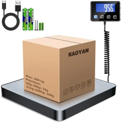 Image de RAOYAN Balance Postal Colis, 440lbs/10g Haute Précision Pese Colis avec Fonction Hold/Tare, d&#039;expédition acier inoxydabl pour Bagages, Entrepôt, postale digitale écran LCD