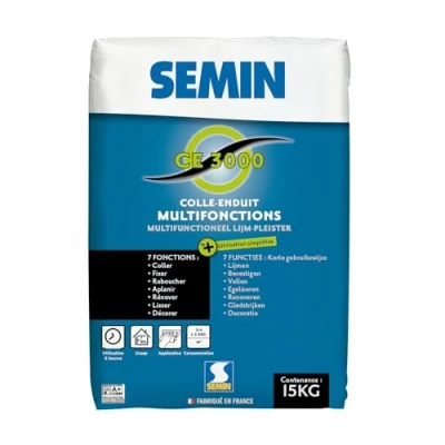 Image de Enduit Multifonctions CE 3000 Semin pour Coller, Fixer, Reboucher, Aplanir, Lisser et Décorer, Intérieur, Sac de 15 kg
