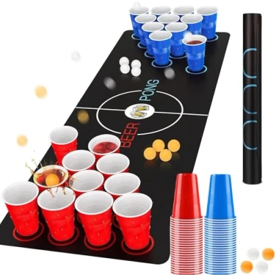 Image de Beer Pong, Jeux à Boire Gobelets, 32 Réutilisables Tasse de Bière Pong (16 Rouge + 16 Bleu) , 8 Balles e 1 set table, Réutilisables, pour Une Réunion D&#039;Amis,Enterrement Vie Jeune Fille