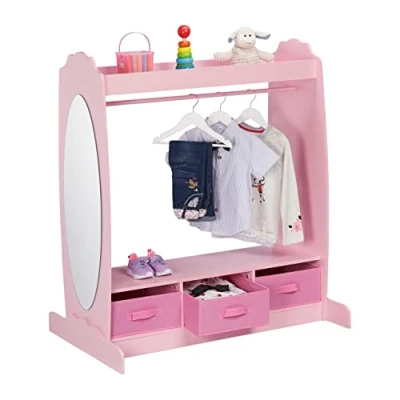 Image de Relaxdays Garde Robe pour Enfant, 5 Compartiments, Armoire Chambre d&#039;enfant, tringle et Miroir, HLP 107x97,5x61 cm, Rose