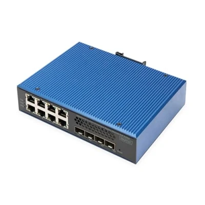 Image de DIGITUS Commutateur réseau PoE 12 Ports Gigabit Ethernet 8X RJ45 + 4X SFP+ 10 IP40 L3 géré, VLAN 10/100/1000 Mbit/s Montage sur Rail série Industrielle Noir/Bleu