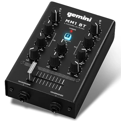 Image de Gemini Sound MM1BT Bluetooth Professionnel Dual Mic Entree Stereo 2 BAND Compact DJ Podcast Mélangeur avec CrossFader et Contrôle de Gain Individuel