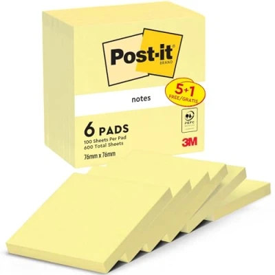 Image de Post it Notes, Jaune Canari, Pack Promo, de 5 + 1 Bloc Gratuit, 100 Feuilles par Bloc, 76 mm x mm, Pastel Notes Autocollantes pour Prise Listes Tâches et Rappels