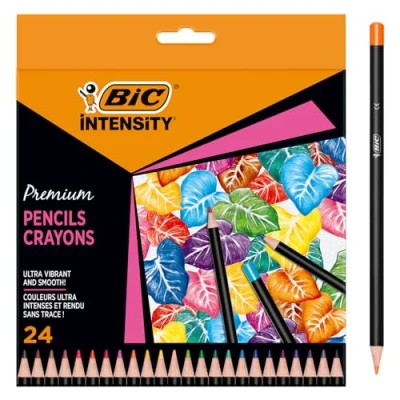 Image de Bic Intensity Crayon de couleur mine Douce Corps Noir Mat et Embout à la Couleurs assorties, Pochette 24