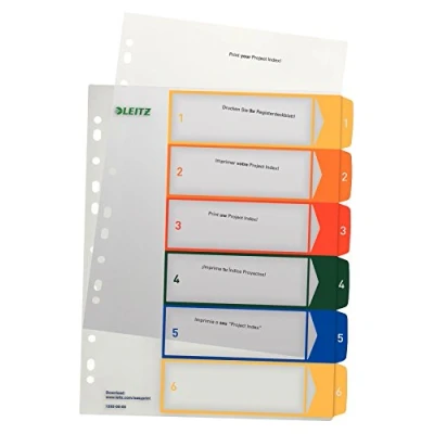 Image de Leitz Intercalaires 1 6, Imprimable sur PC, A4, Plastique Ultra Résistant, Extra Large, Blanc/Multicolore, 12920000