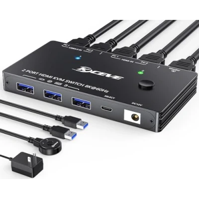 Image de 8K Commutateur KVM HDMI 8K@60Hz 4K@120Hz, Switch USB pour 2 PC Partageant 1 Monitor et 4 Ports 3.0 Clavier Souris, HDCP 2.3, HDR 10, avec Contrôleur de Bureau Câbles