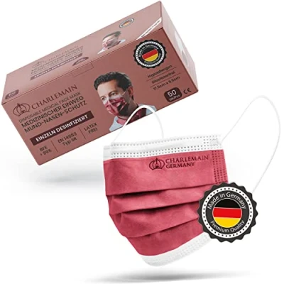 Image de Masque chirurgical Charlemain 50x, Bordeaux, MADE IN GERMANY, EN 14683 type IIR, certifié CE, protection buccale et nasale médicale, BFE &gt; 99%, 3 plis, résistant aux éclaboussures, inodore, sans latex