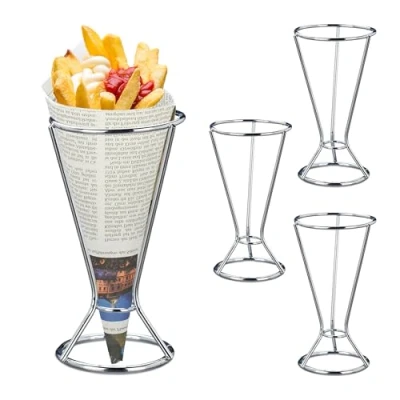 Image de Relaxdays Support Cornet de Frites, Lot 4, Porte HxD : 16 x 9,5 cm, Acier, pour Snacks, sucreries, argenté