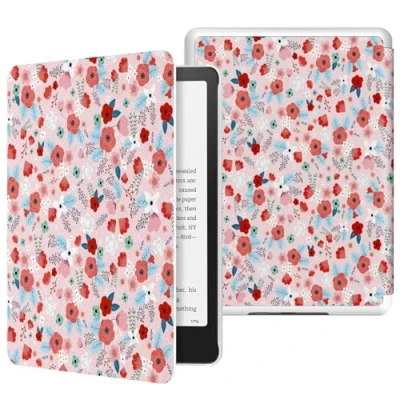 Image de MoKo Étui Compatible avec 7&quot;Kindle Paperwhite 12th Gen 2024&amp;Kindle Colorsoft Signature Edition 2024,Coque de protection légère en PU Auto Wake/Sleep pour Kindle 2024, Rose printemps