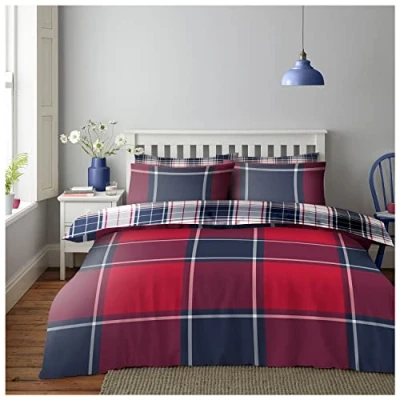 Image de GC GAVENO CAVAILIA Parure de lit réversible à Carreaux Super Douce avec Housse Couette pour Double Motif Tartan Rouge